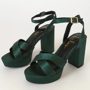 Lulu's Selah Emerald Green Satin Ankle Strap Heels